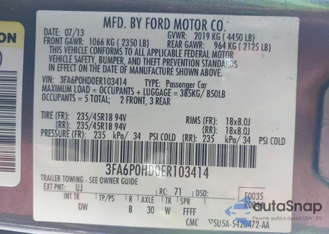 2014 Ford Fusion Se z USA, uszkodzony, nr VIN 3FA6P0HD0ER103414